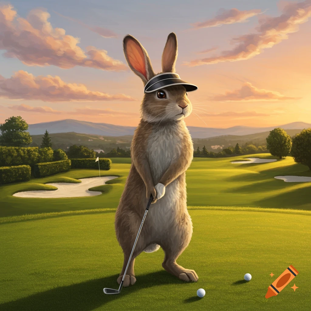 A rabbit wearing a visor holds a golf club on a green golf course at sunset, with golf balls nearby.