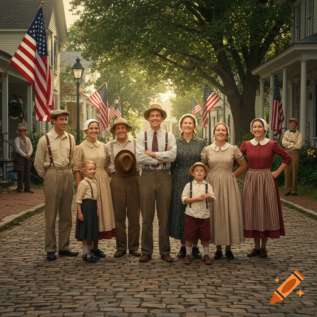 A family in 1940s attire poses on a cobblestone street adorned with American flags, in Norman Rockwell style.