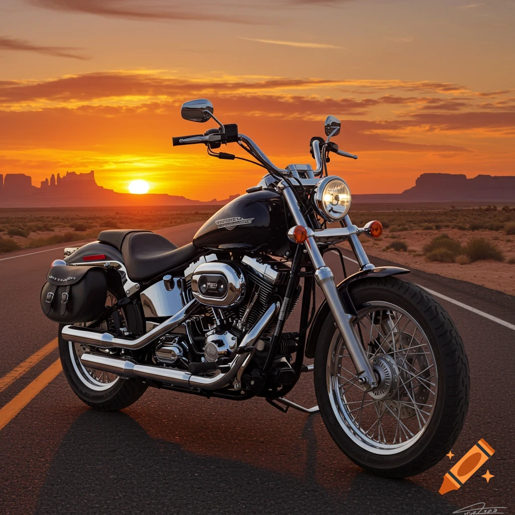 A black Harley-Davidson motorcycle parked on an asphalt road in a desert landscape at sunset, with a vibrant orange sky and distant mesas.