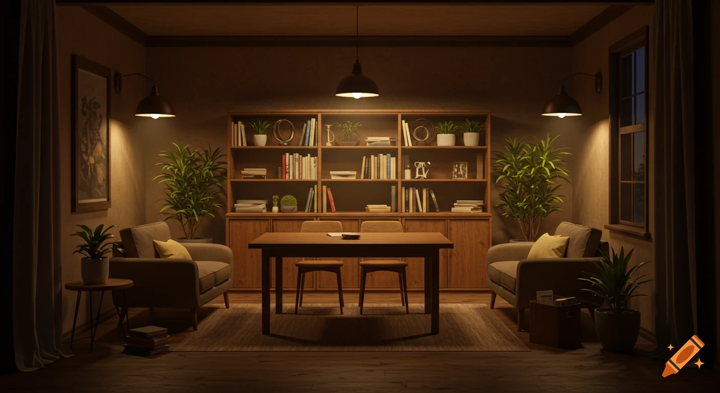 A dimly lit, cozy room with a wooden table, chairs, armchairs, and a large bookshelf filled with books and plants. Photorealistic.