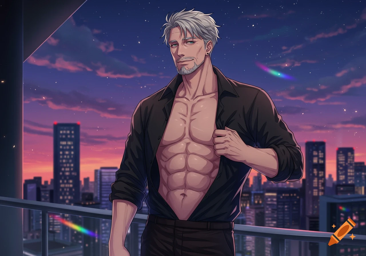 Anime style drawing of a muscular, grey-haired man in an open black shirt on a balcony overlooking a city at sunset.