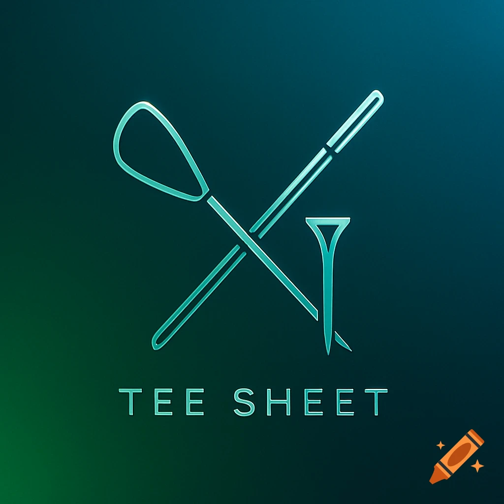 Stylized logo of a crossed golf club and tee on a dark gradient background, with the text 'TEE SHEET'.