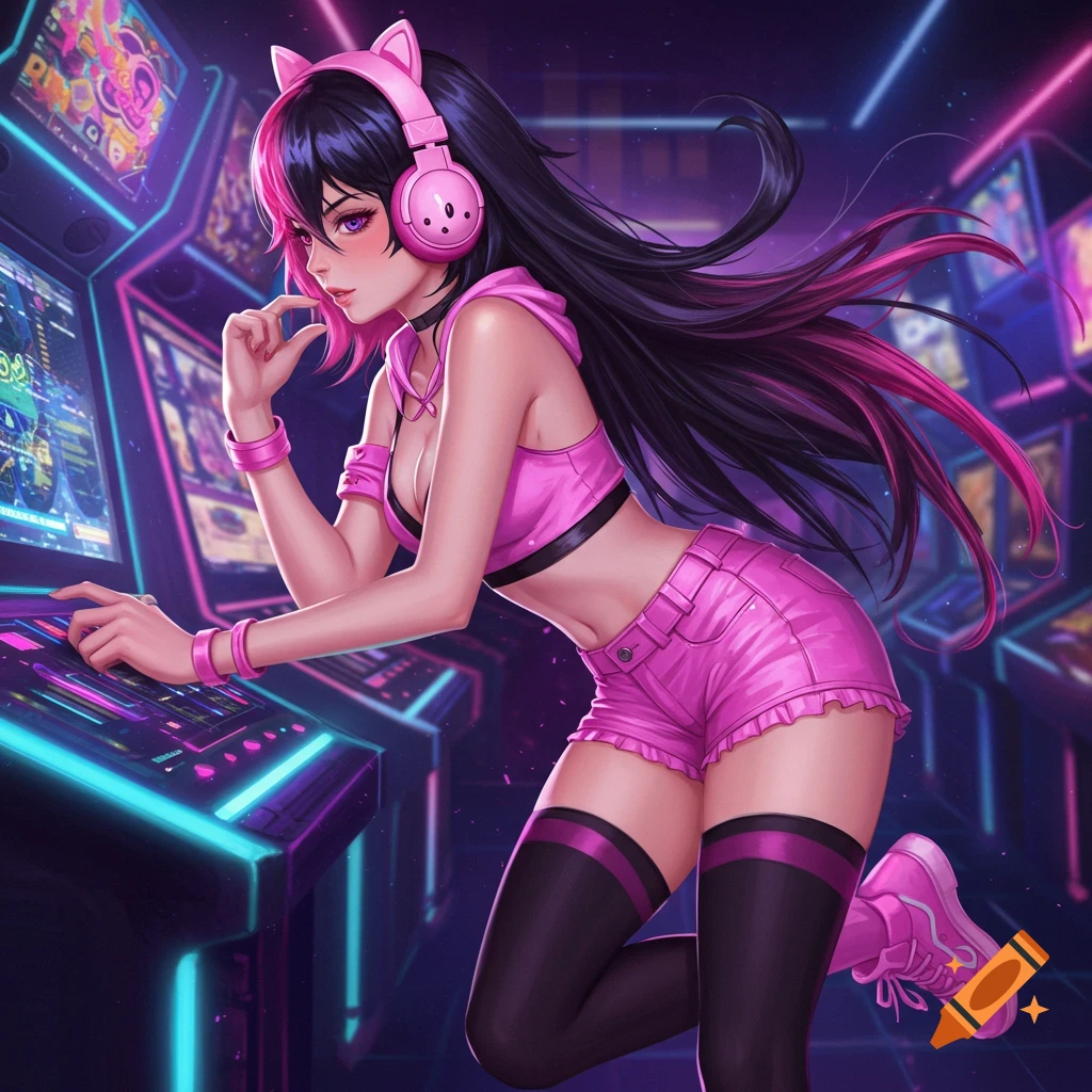 An anime gamer girl with pink and black hair, pink cat headphones, crop top, shorts, and thigh-highs, leans on an arcade machine in a neon arcade.