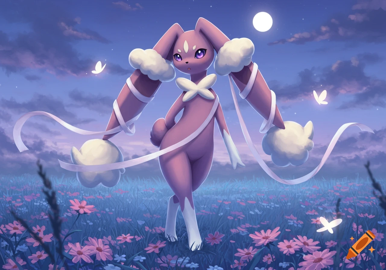 A stylized purple Lopunny stands in a field of pink flowers under a moonlit, cloudy sky with glowing butterflies.