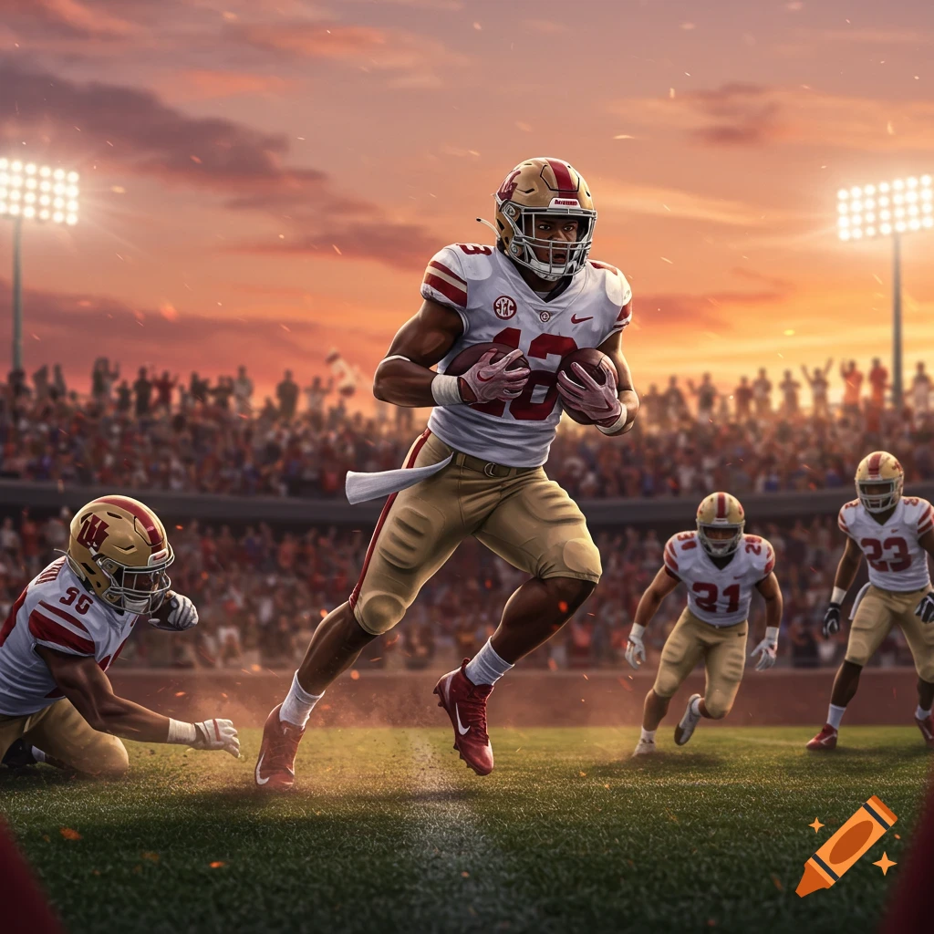 A football player runs with the ball on a field at sunset, with other players and stadium lights visible in the background, photorealistic.