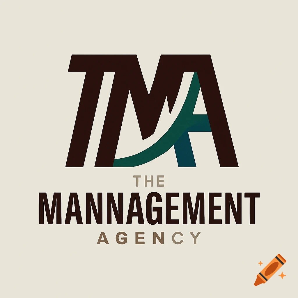 A modern logo featuring stylized dark brown letters "TMA" with a curved teal accent, above the words "THE MANNAGEMENT AGENCY" in brown on a light beige background.