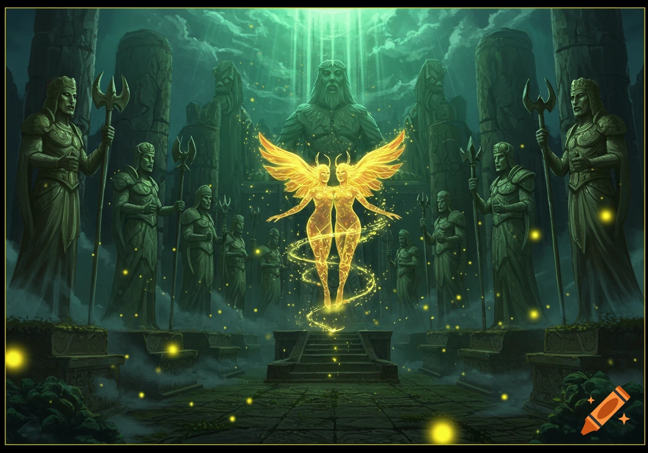 A mystical fantasy scene with two glowing, winged, conjoined humanoid figures at the center of a dark, ancient temple with stone statues and pillars, illuminated by a celestial light.