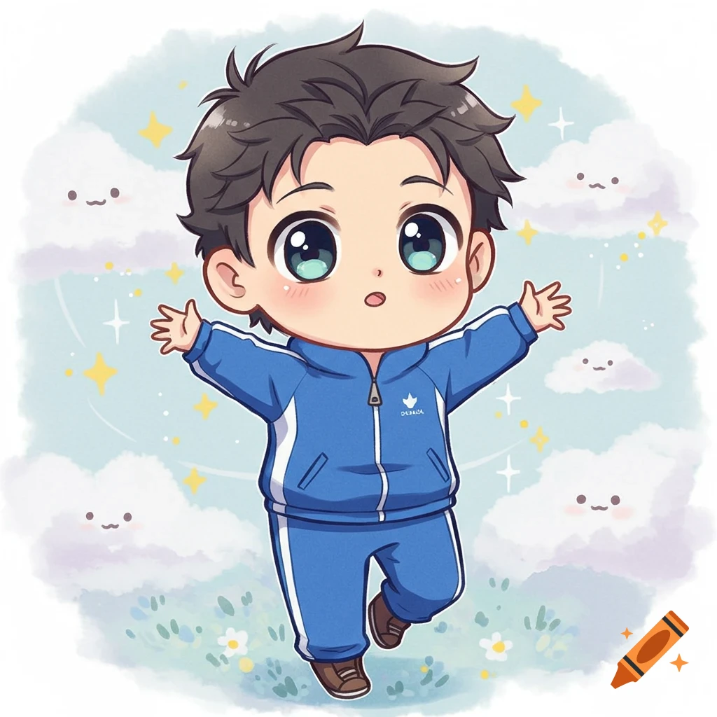 A cute chibi boy with dark hair and big eyes, wearing a blue tracksuit, standing with arms outstretched in a whimsical field with smiling clouds and sparkles.