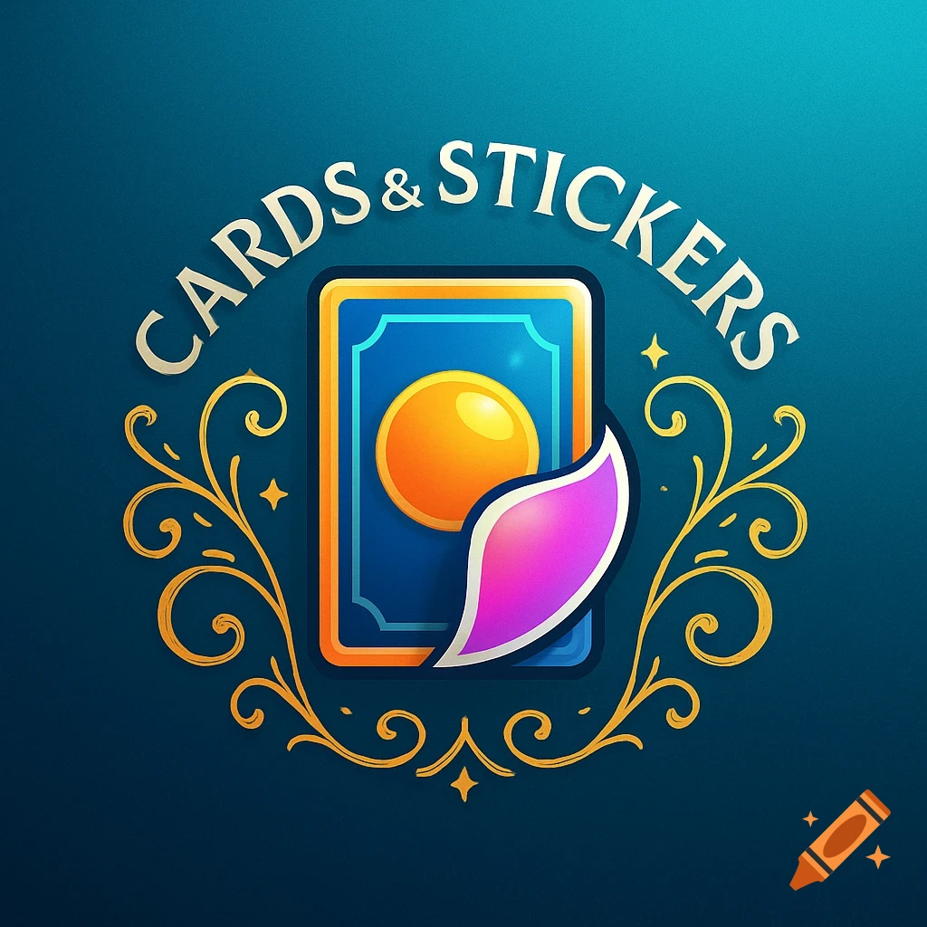 Logo with stylized text "CARDS & STICKERS" in an arc, above a blue card with an orange circle and a peeling purple sticker, framed by golden flourishes on a teal background.