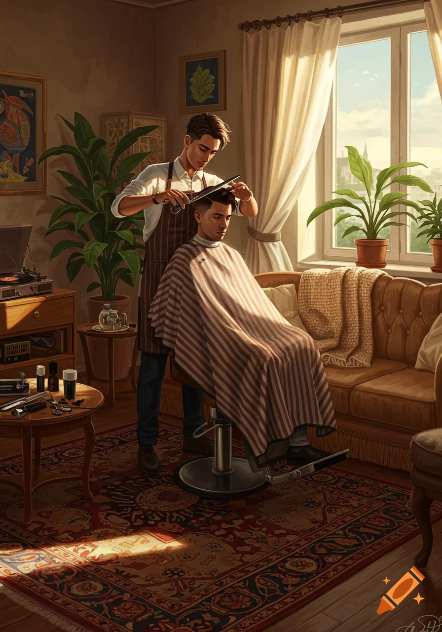 An illustrated scene of a barber cutting a man's hair in a warm, sunlit living room with plants by a window.