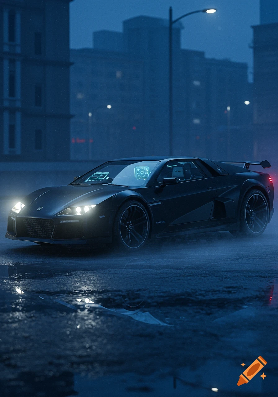 A sleek black futuristic sports car with glowing headlights drives on a wet, misty street in a dark city at night.
