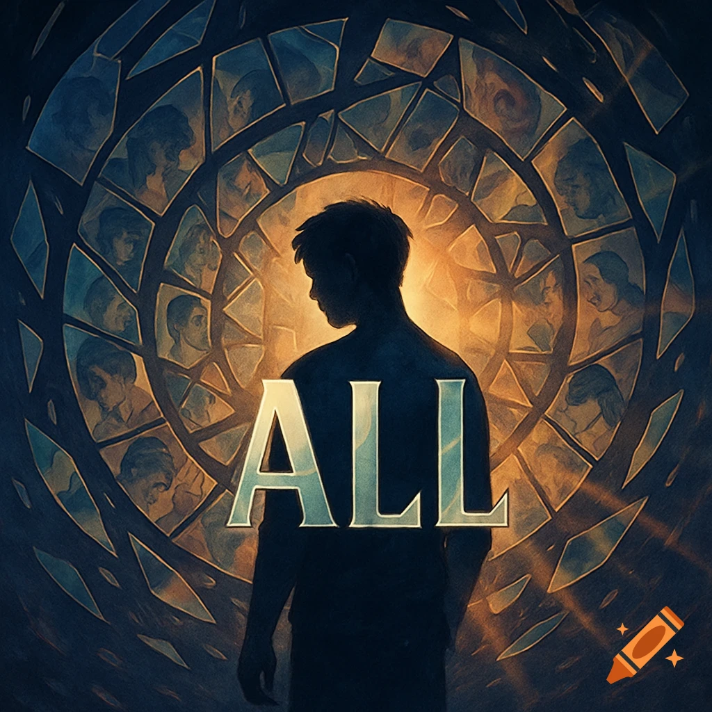 A dark silhouette of a man stands before a glowing, circular, stained-glass structure filled with faces, with the word ALL in the foreground.