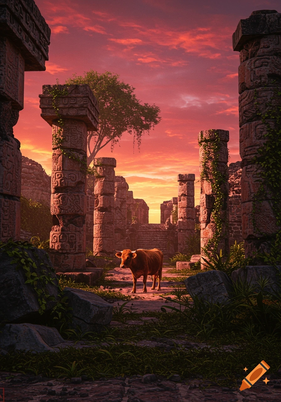 A hyperrealistic cow walks through overgrown ancient ruins at sunset under a crimson sky.