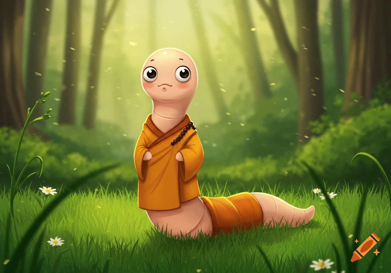 A cute cartoon worm wearing an orange monk robe stands in a lush, sun-dappled green forest.