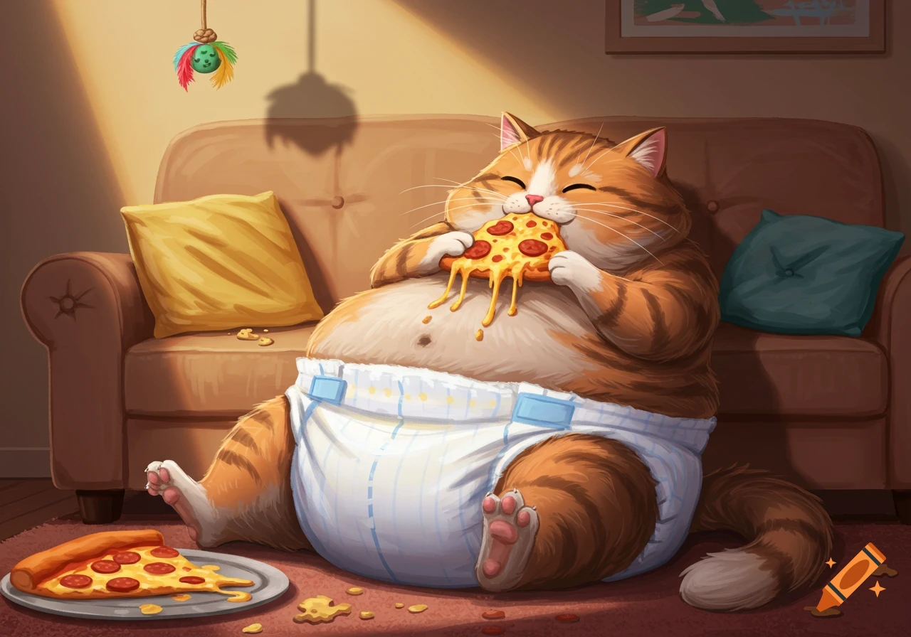A very fat, orange tabby cat in a diaper sits on the floor, happily eating a slice of pepperoni pizza with dripping cheese.
