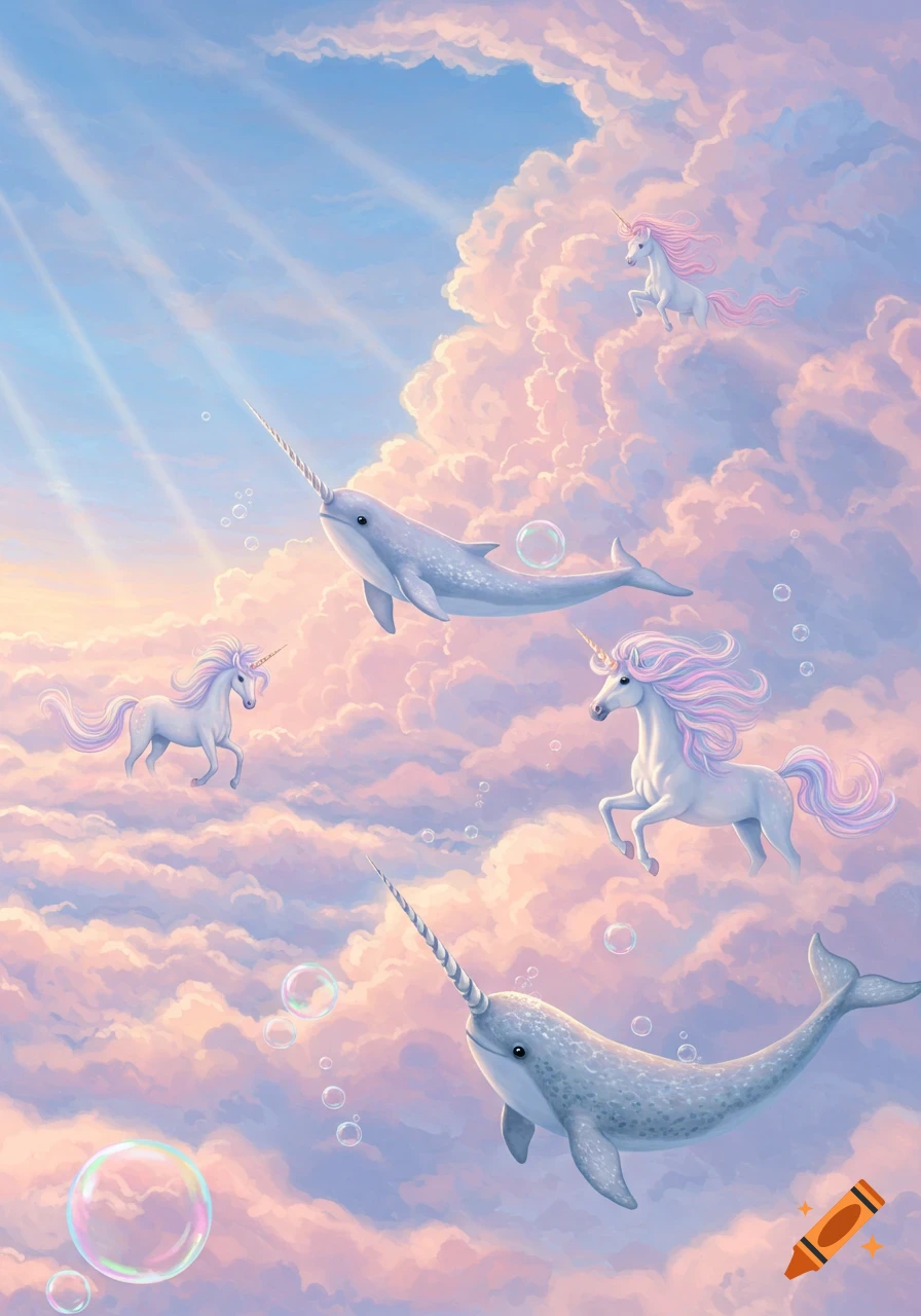 Whimsical illustration of unicorns and narwhals swimming through a cloudy sky with pink hues, sun rays, and floating bubbles.