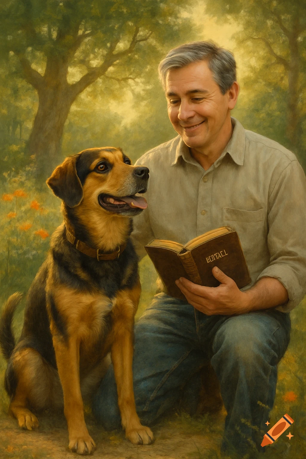A smiling man with graying hair kneels next to a brown and black dog, holding a book in a lush outdoor setting with trees and flowers, in a painterly style.