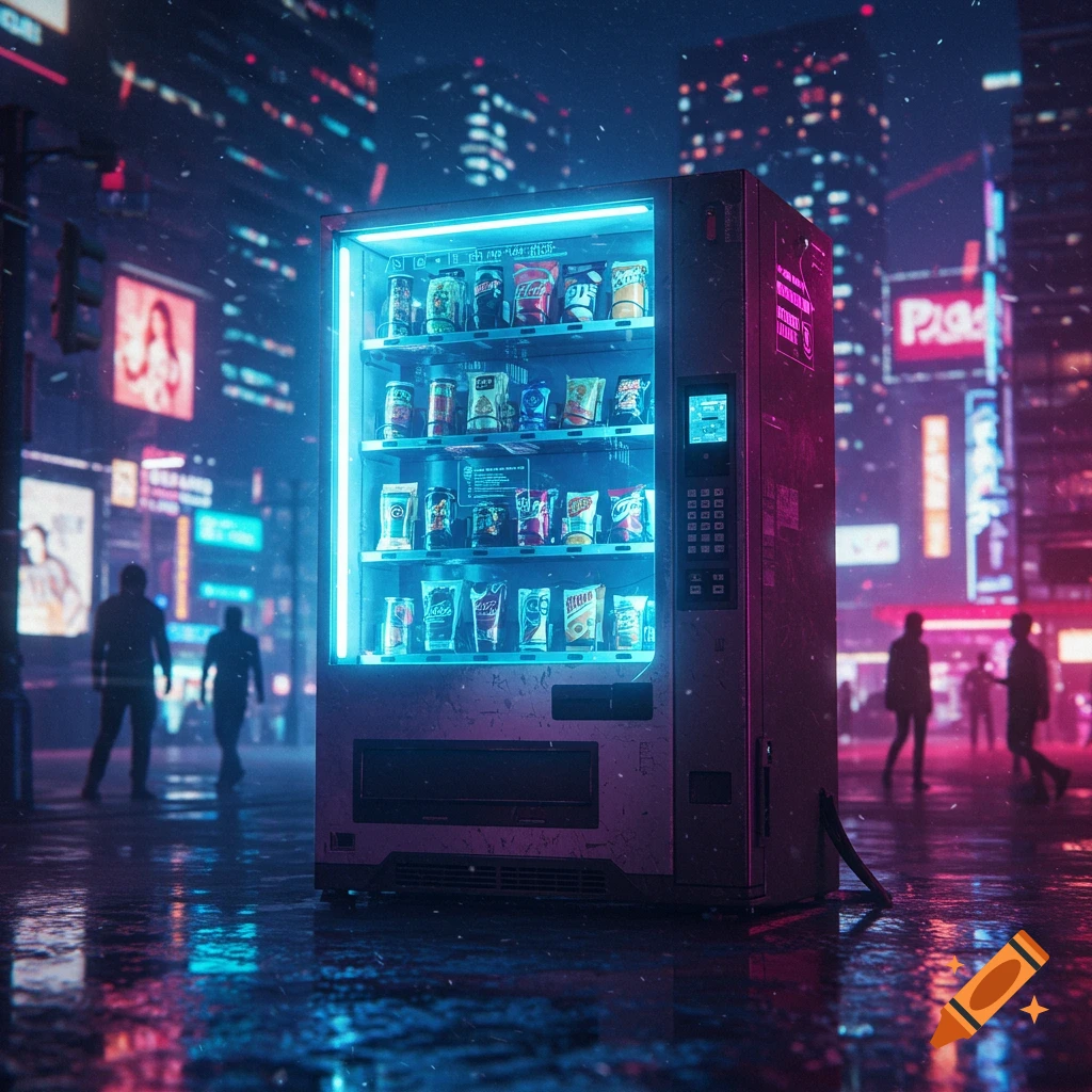 A neon-lit vending machine glows brightly on a rainy cyberpunk city street, surrounded by blurred figures and illuminated skyscrapers reflecting on the wet ground.