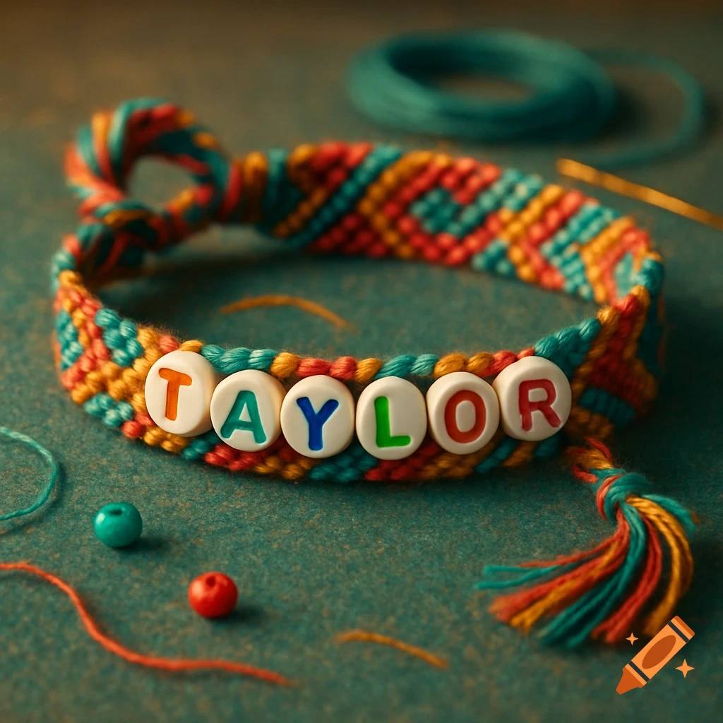 A colorful woven friendship bracelet with 'TAYLOR' spelled in letter beads, on a teal surface with craft threads.
