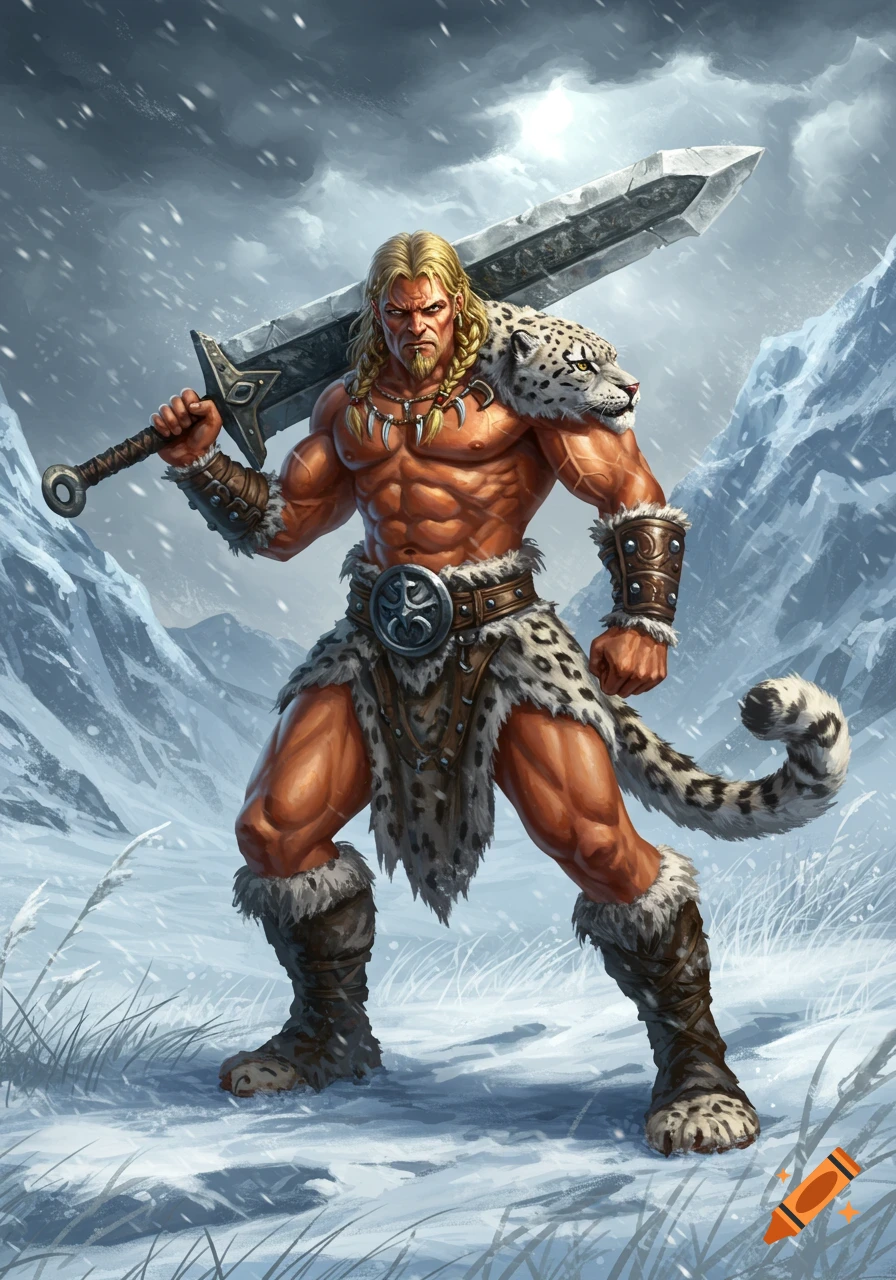 Muscular barbarian man with braided blond hair, wearing snow leopard fur, holding a two-handed sword in a snowy mountain landscape.