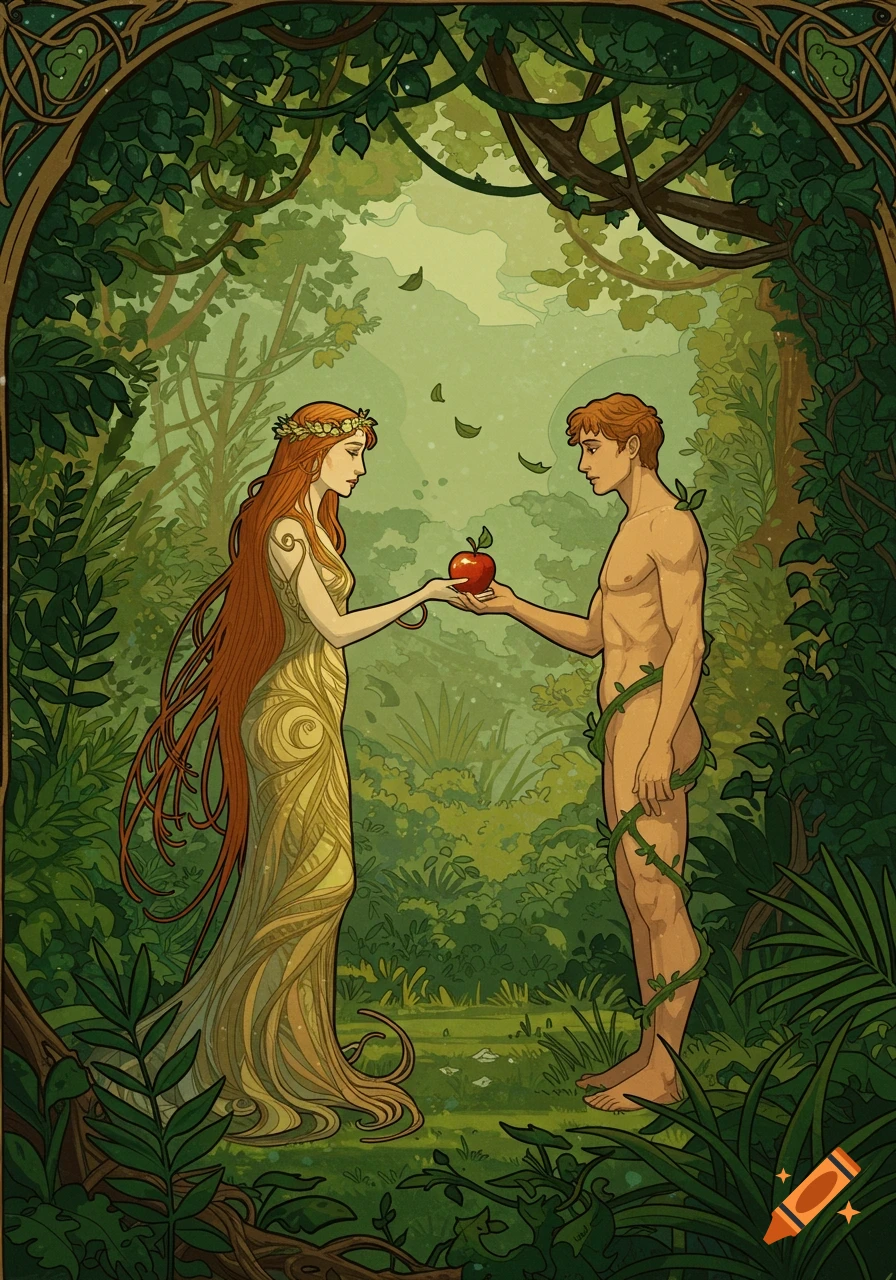 Art Nouveau illustration of Eve offering Adam the forbidden apple in the lush Garden of Eden.