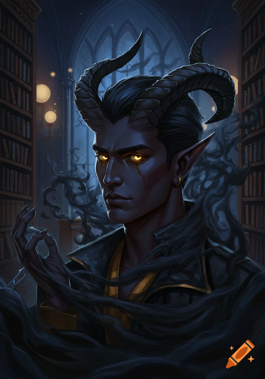 A dark-skinned male tiefling with large horns, glowing golden eyes, and pointed ears, in a library with black smoke tendrils around him.