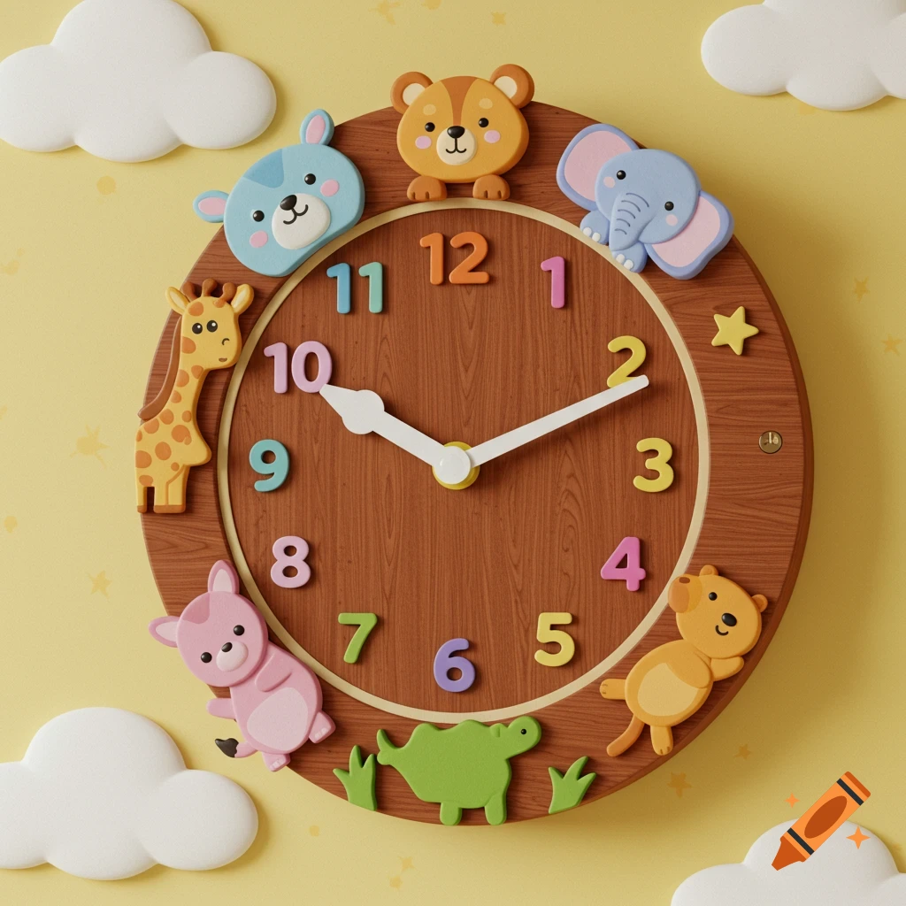 A charming wooden wall clock for children, adorned with colorful numbers and cute cartoon animal figures like a giraffe, bear, and elephant, on a yellow wall with white clouds.