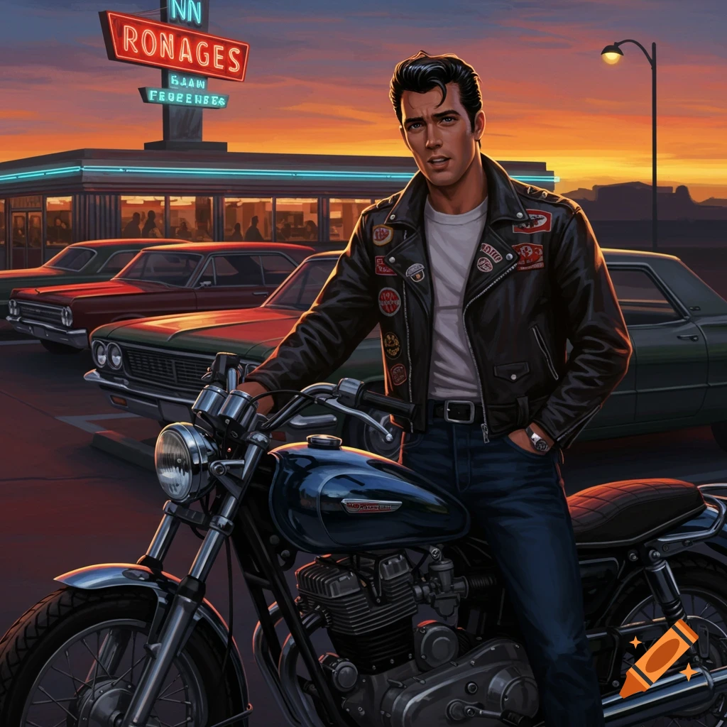 A greaser-style man in a leather jacket leans on a motorcycle in front of a retro diner at sunset, digital art.