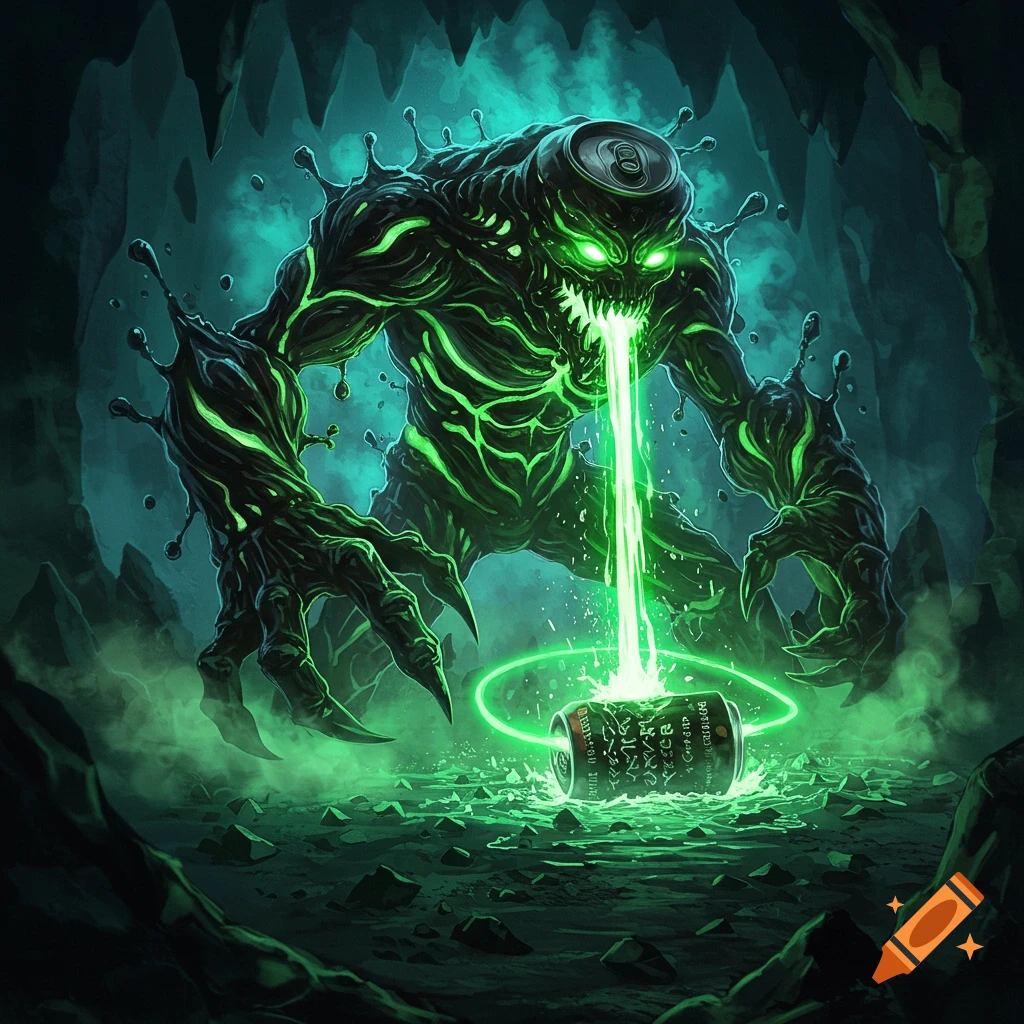 Glowing green monster with a soda can head vomits into another can in a dark cave, fantasy art.