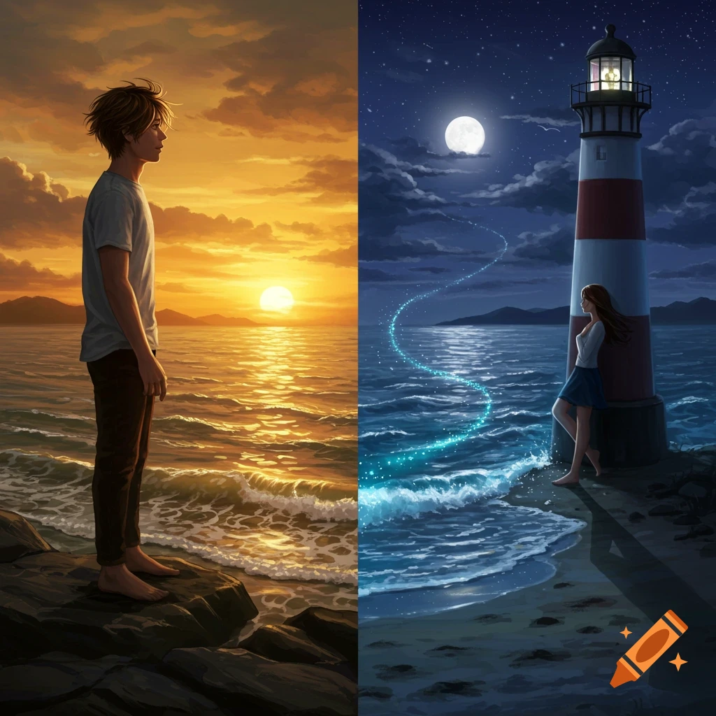 Anime split image of a man at sunset and a woman by a lighthouse under a full moon, separated by the sea.
