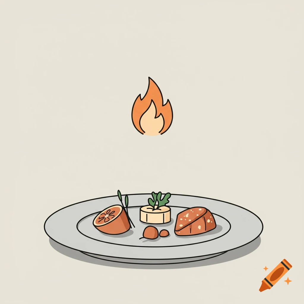 A minimalist illustration of a plate with food and a flame icon above it.