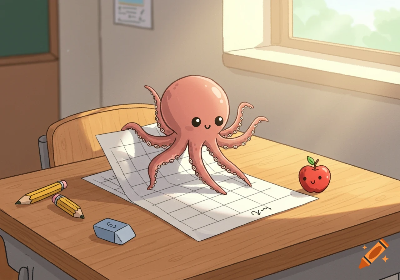 A cute cartoon octopus stands on a worksheet on a wooden school desk, with pencils, an eraser, and an apple with a face nearby, in a sunny classroom.
