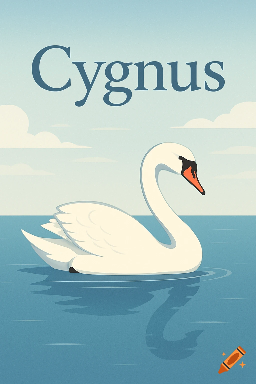 A stylized white swan floats on calm blue water under a pale blue sky with clouds. The word "Cygnus" is at the top.