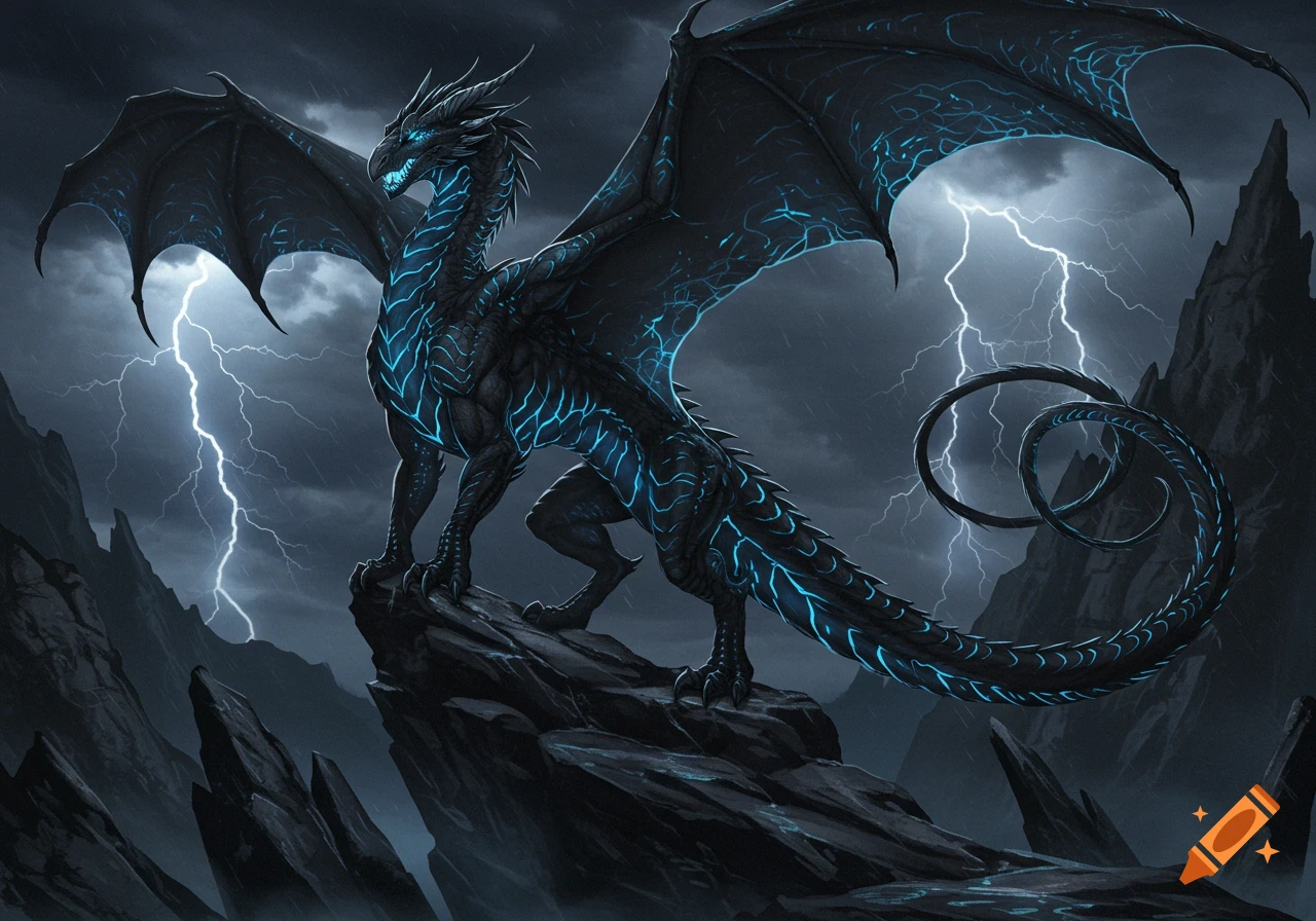 A black dragon with glowing blue patterns stands on a dark rocky peak as lightning strikes a stormy sky.