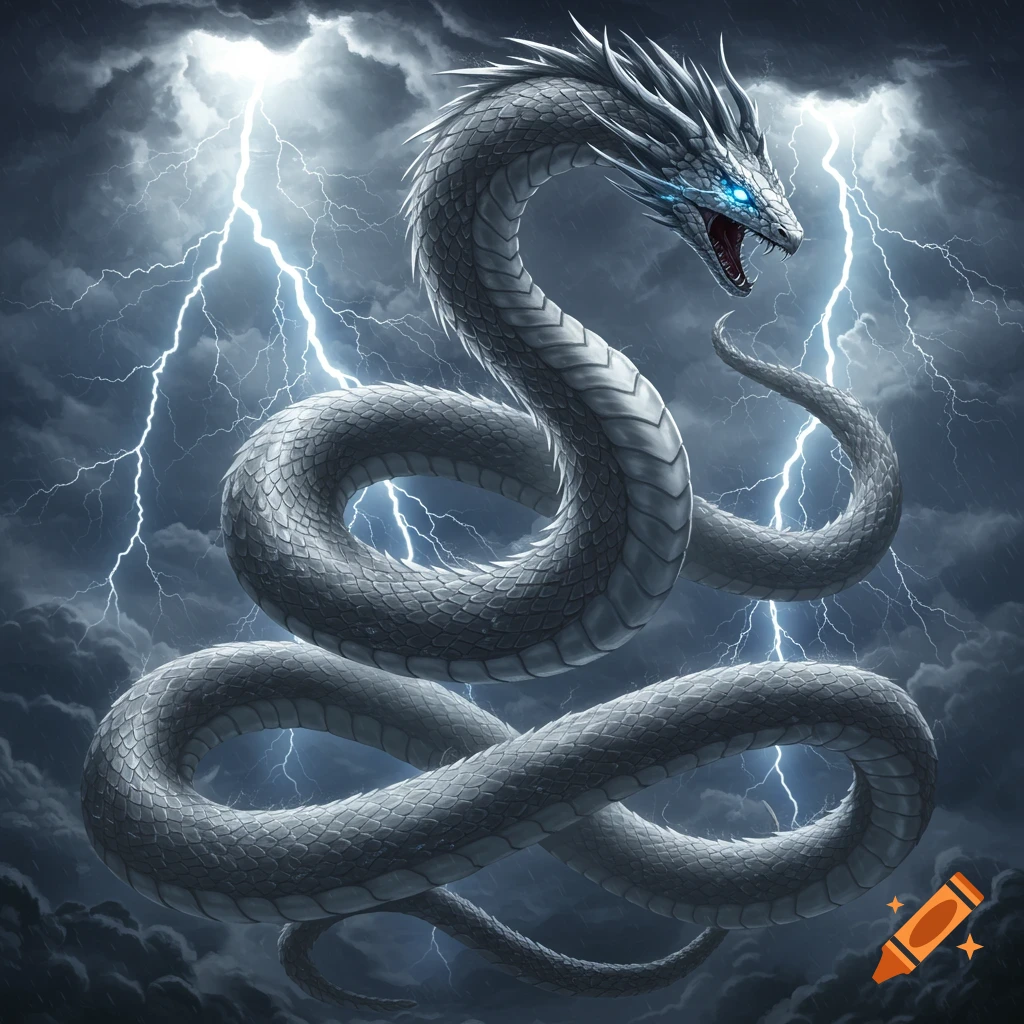 A majestic white serpent-like dragon with glowing blue eyes, coiled amidst a stormy sky with bright lightning strikes.