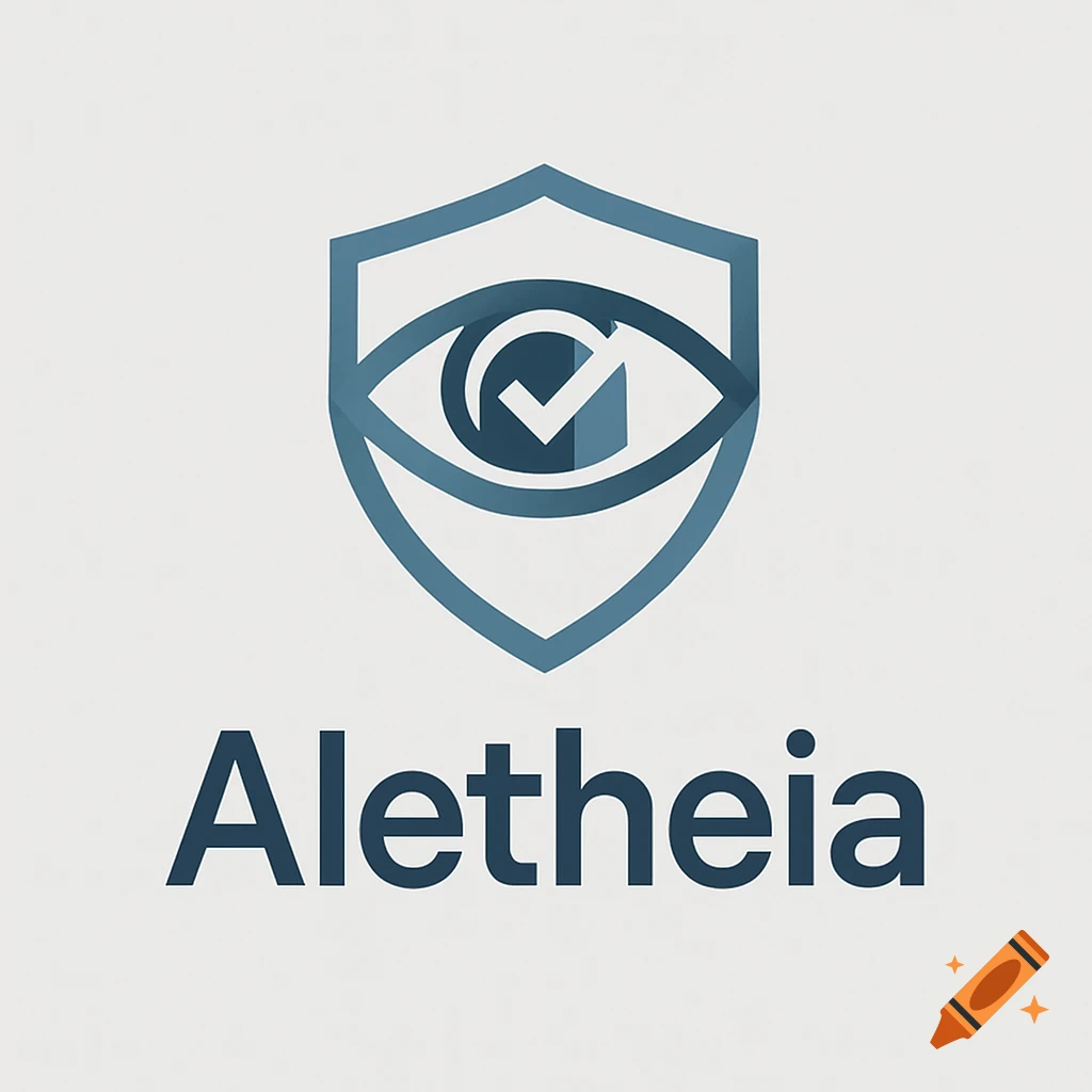 Minimalist logo featuring a blue shield outline with a stylized eye and checkmark, above the word "Aletheia".