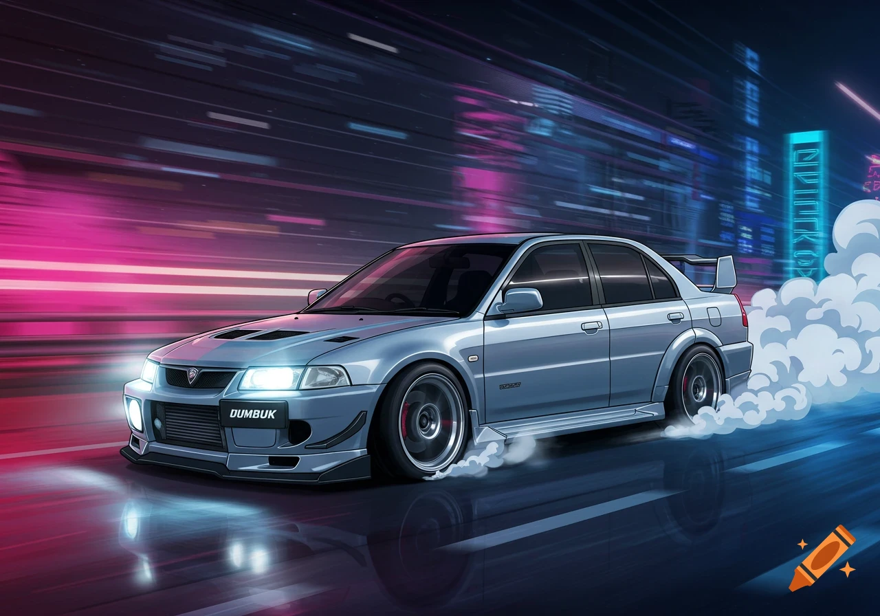 A light blue cartoon Mitsubishi Evo sports car drifts with smoke, driving fast on a futuristic street at night with neon lights blurring.