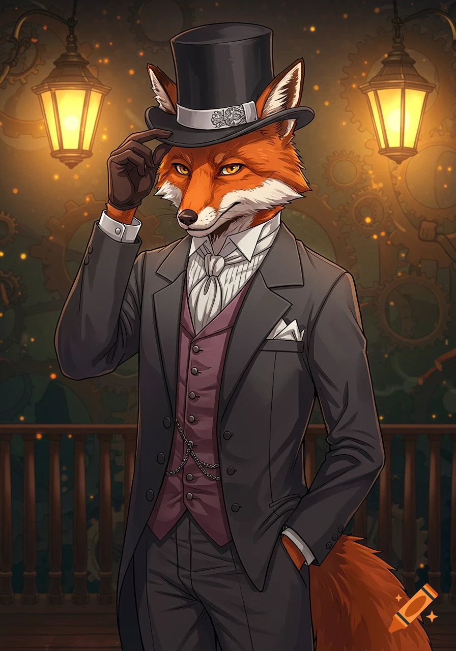 An anime style anthropomorphic fox in a top hat and suit, tipping his hat, with steampunk gears and lanterns in the background.