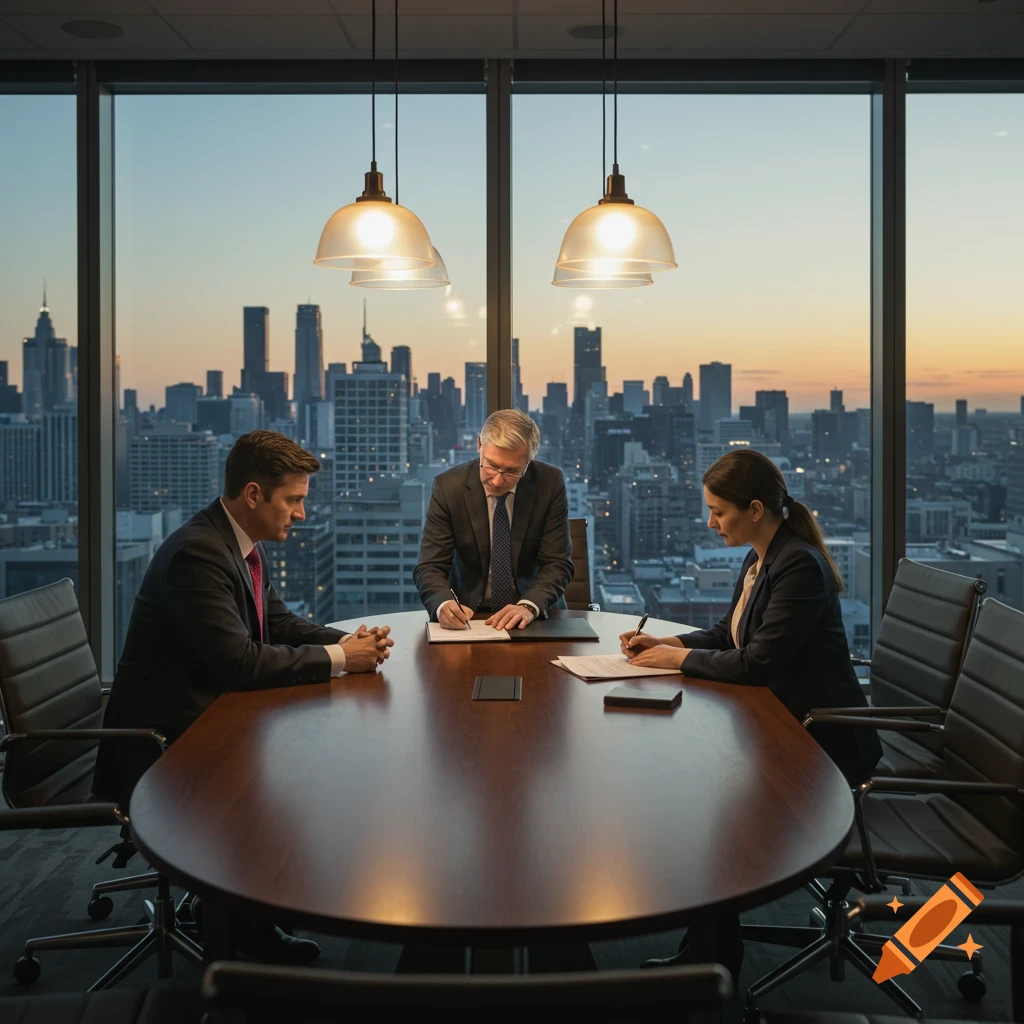 Three professionals sign documents at a boardroom table with a city skyline at sunset.