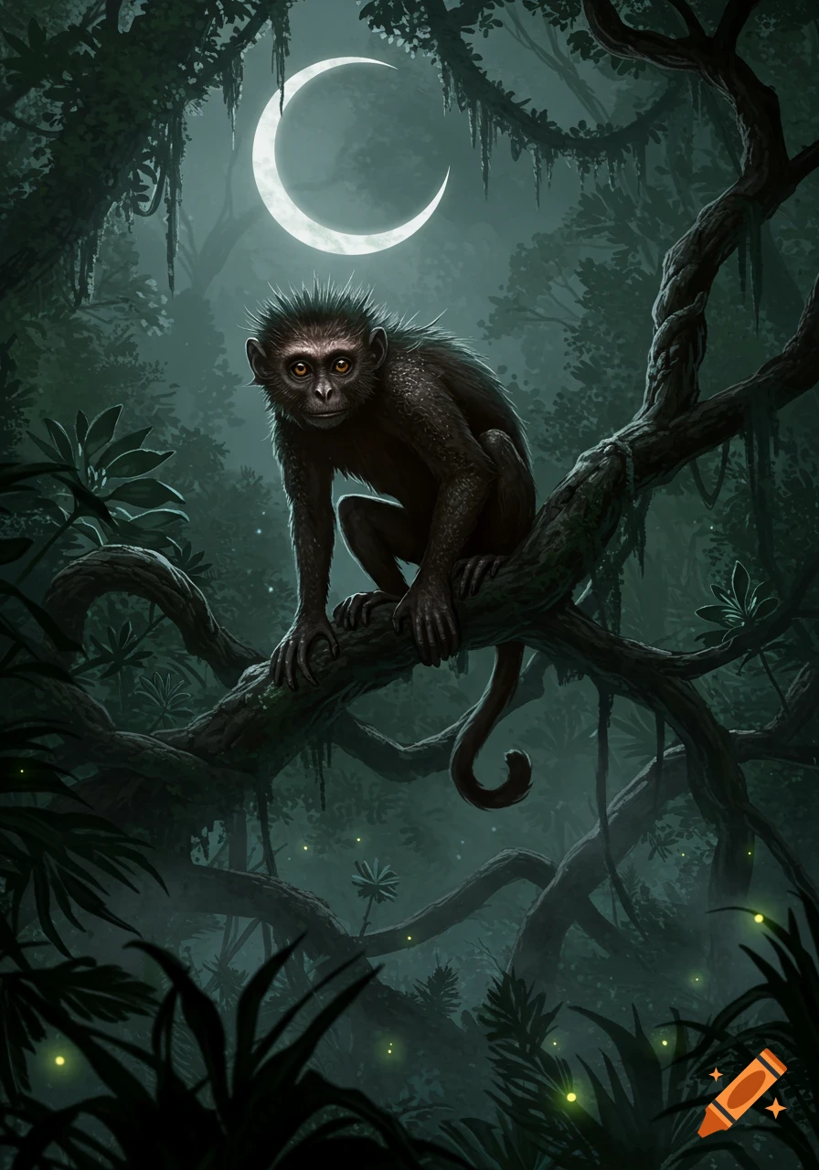A dark, furry monkey-like creature with orange eyes perches on a gnarled tree branch in a moonlit, misty jungle.