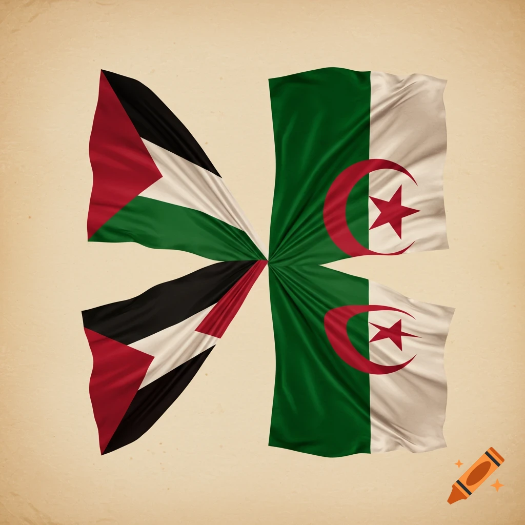 Flags of Palestine and Algeria, featuring realistic fabric texture, arranged in a symmetrical, folded pattern on a beige background.