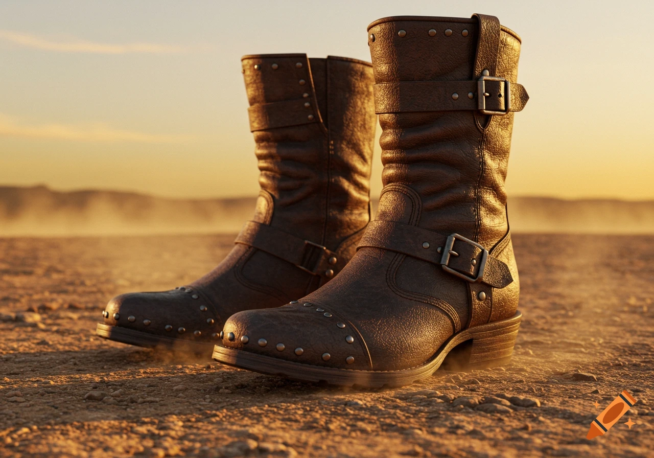 Two brown leather biker boots with buckles and studs stand on dusty ground at sunset in a photorealistic style.