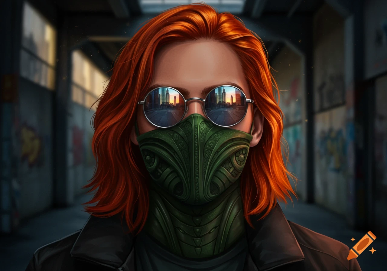 Close-up of a red-haired person in round sunglasses, reflecting a city, and an intricate green mask in an urban alley.