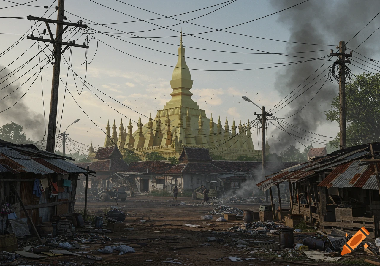 A golden temple dominates a dystopian slum, with dilapidated shacks, tangled power lines, and smoke-filled air.