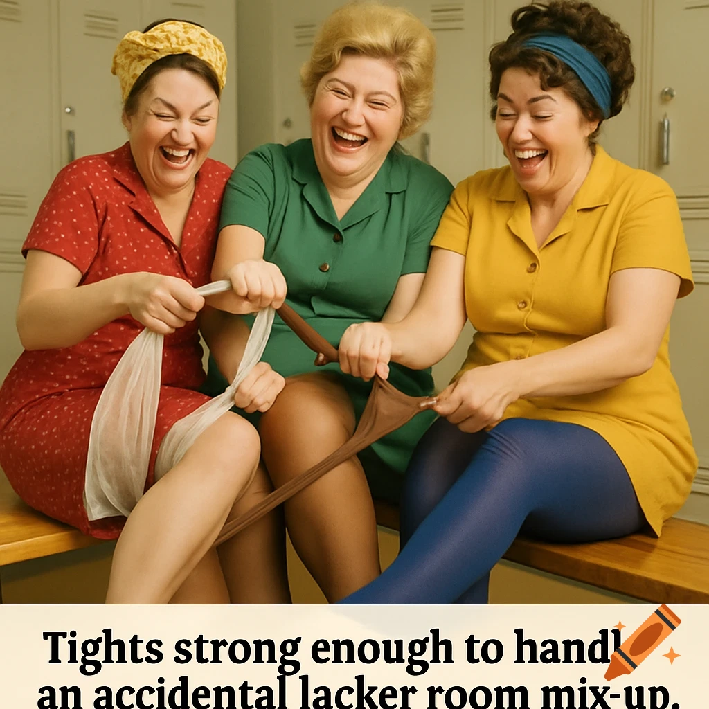 Three laughing women in a locker room struggle to pull on mixed-up tights in a comical advertisement.