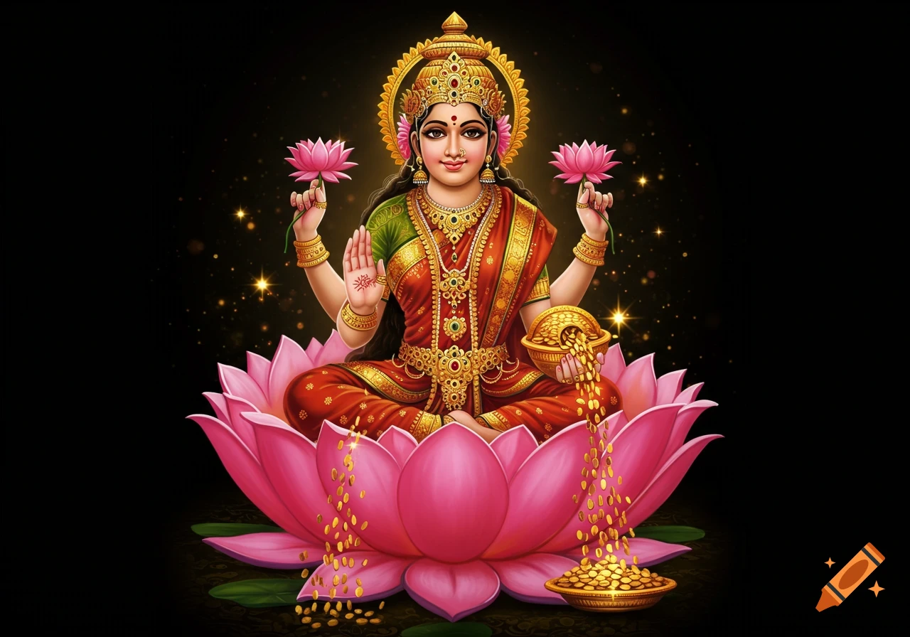 Hindu goddess Lakshmi, adorned in red and gold, sits on a pink lotus, holding lotuses and showering gold coins from a bowl against a dark, sparkling background.