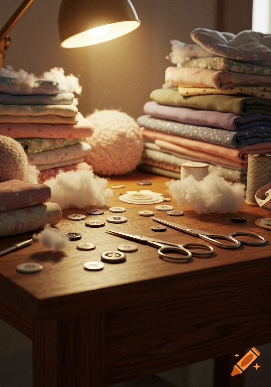 Crafting table with stacks of colorful fabric, buttons, scissors, thread, and cotton wool under a warm lamp light.
