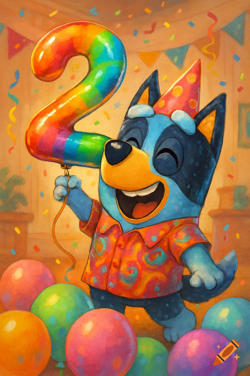 Bluey character Bingo celebrating a second birthday, holding a rainbow number '2' balloon amidst confetti and colorful balloons, painterly style.