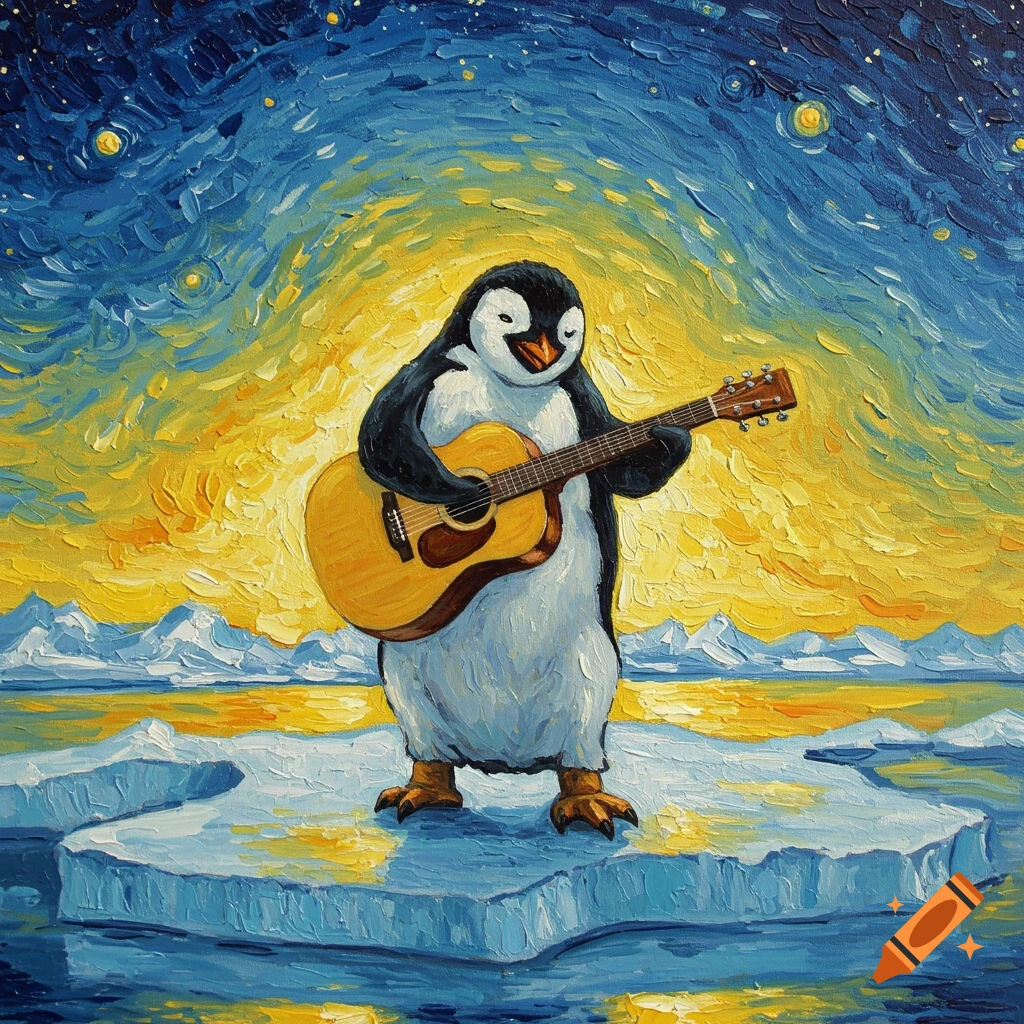 A Van Gogh-style painting of a penguin playing an acoustic guitar on an ice floe under a starry sky.