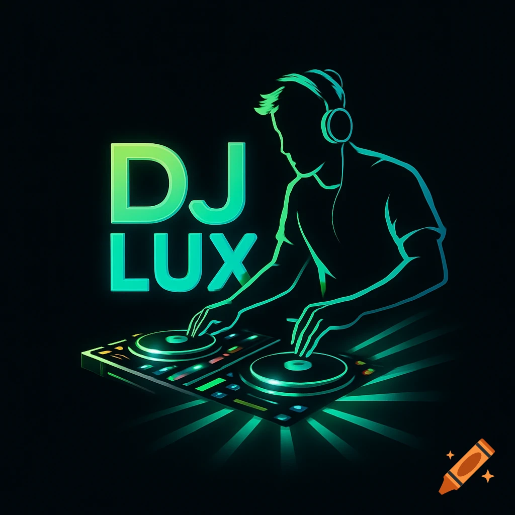 Stylized neon green outline logo of a DJ with headphones at a mixer, with the text 'DJ LUX'